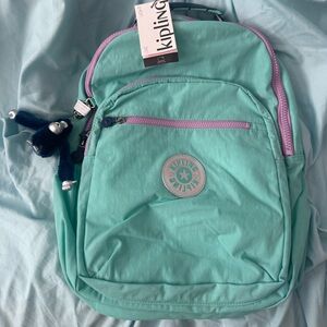 Kipling Seoul Backpack Aqua Mint 27L Monkey Keychain NWT